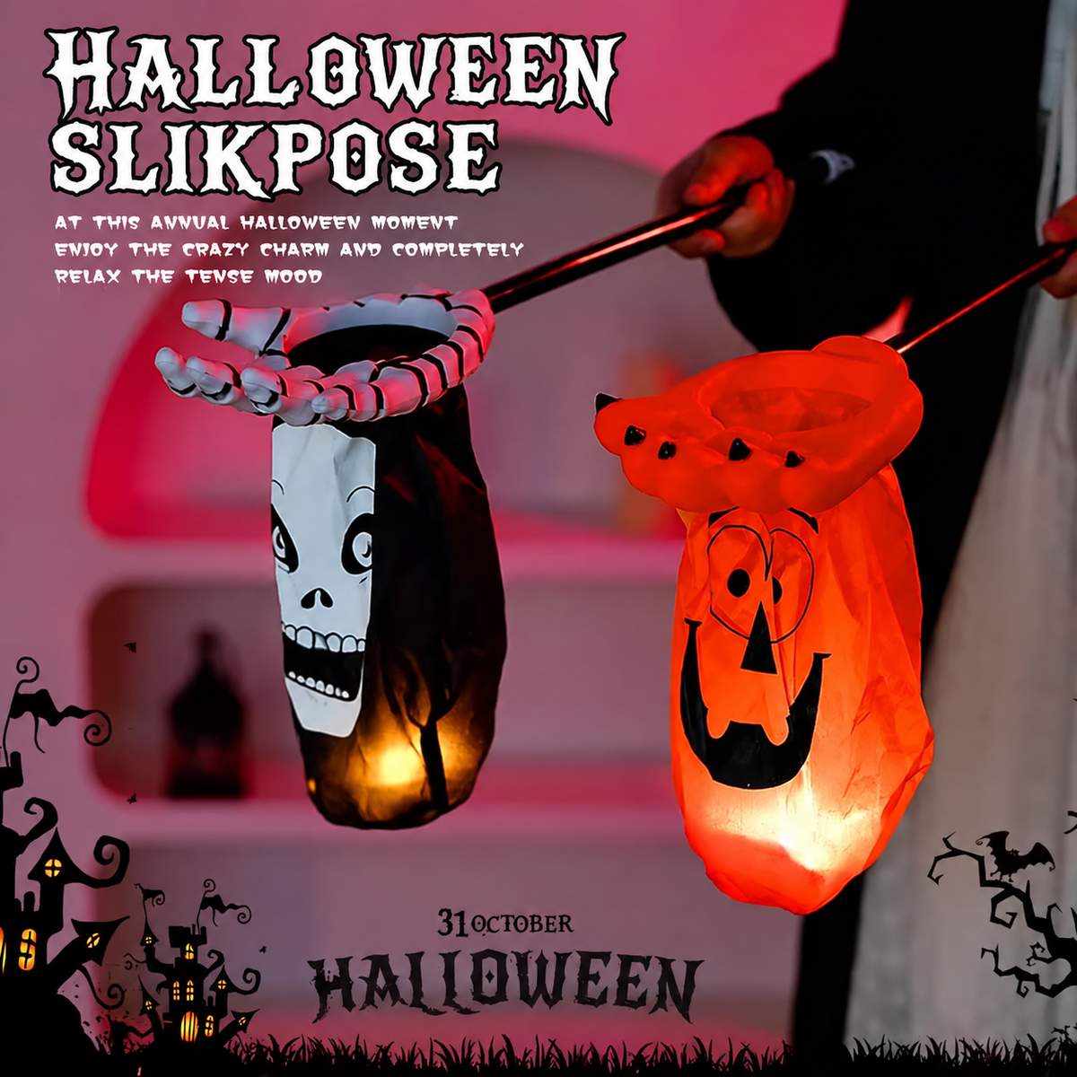 Slikpose til halloween med græskar- eller skeletmotiv