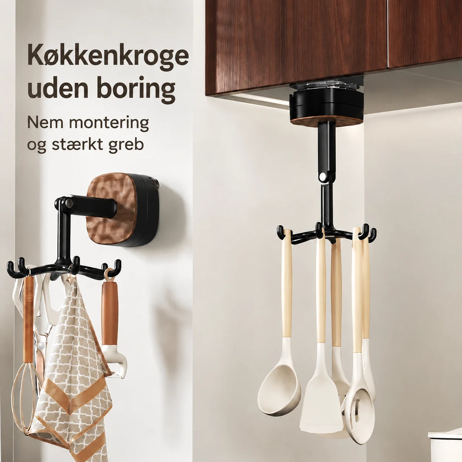 Drejelig køkkenholder med sugekop – 6 kroge, uden boring